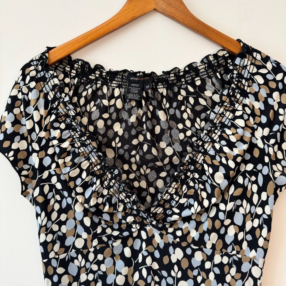 BCBGMaxazria Ruffled V-Neck Smocked Top Size Medium - Picture 2 of 7